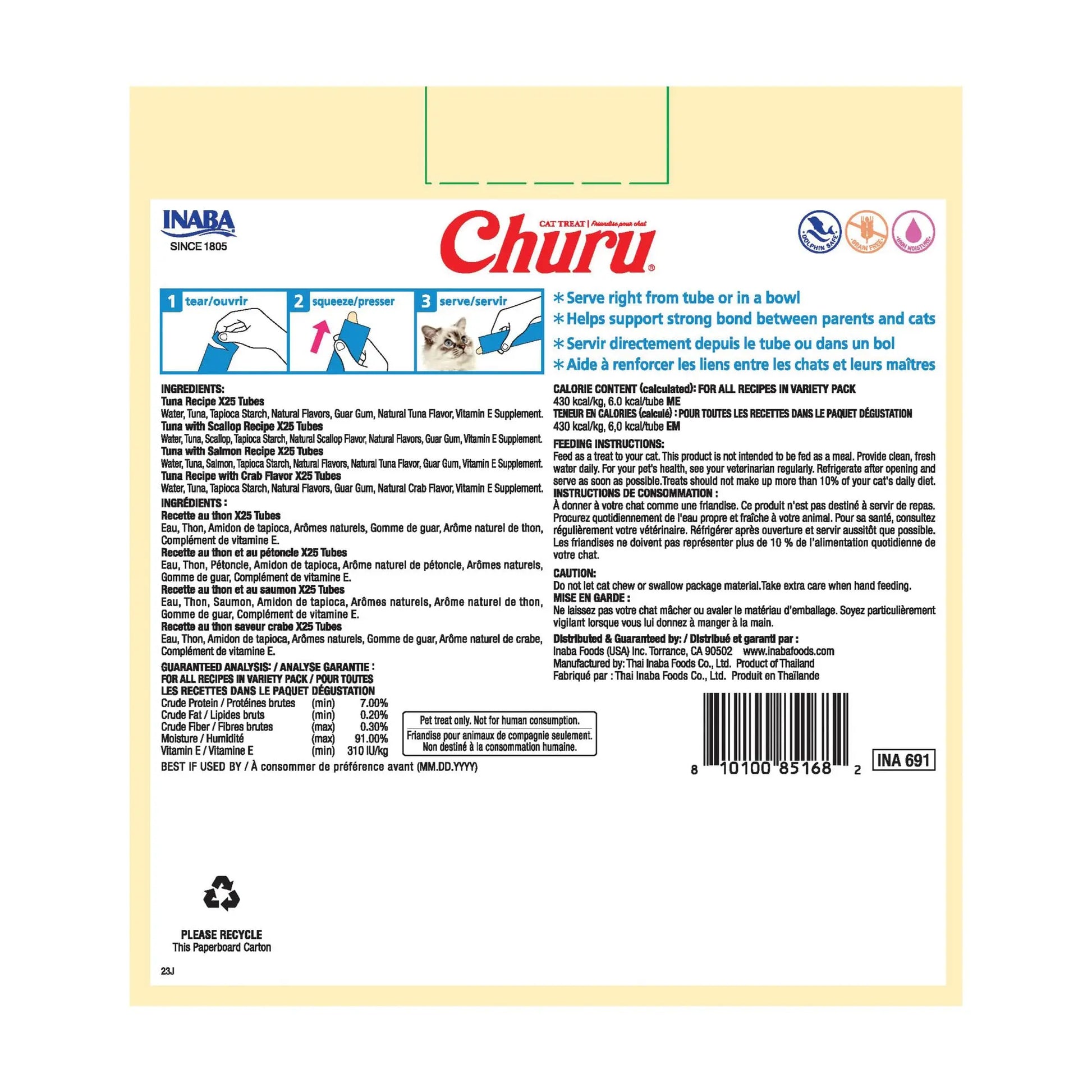 INABA Churu Cat Treats, Lickable, Squeezable Creamy Purée with Vitamin E, 0.5 Ounces per Tube, 100 Tubes Total, Tuna Variety INABA