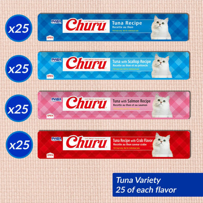 INABA Churu Cat Treats, Lickable, Squeezable Creamy Purée with Vitamin E, 0.5 Ounces per Tube, 100 Tubes Total, Tuna Variety INABA