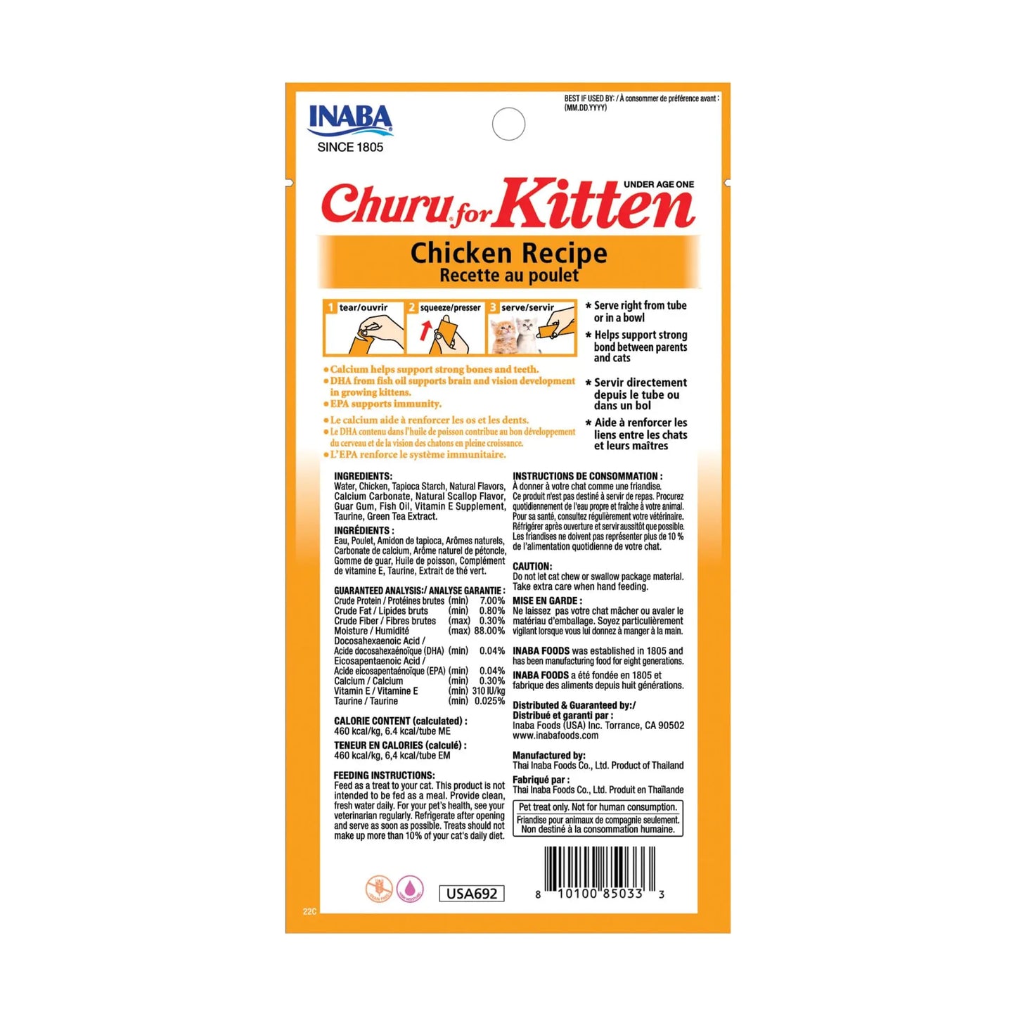 INABA Churu for Kittens, Grain-Free Creamy, Purée Lickable Cat Treats with DHA, EPA, Vitamin E & Taurine, 0.5 Ounces Each, 24 Tubes (4 per Pack), Chicken Recipe INABA