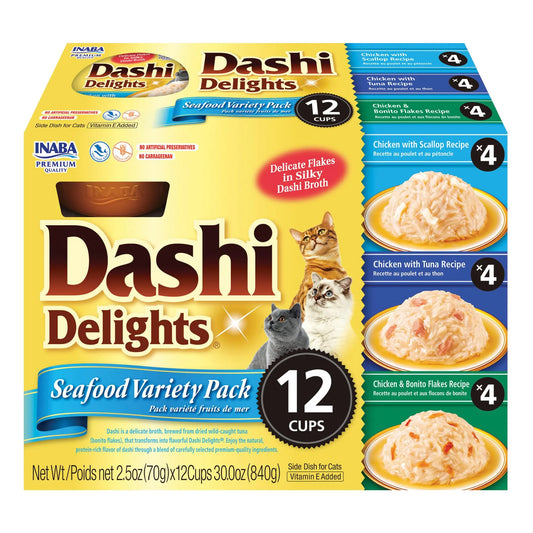 INABA Dashi Cat Treats, Grated Chicken with Bonito Flakes Broth, 2 Ounce Cup, 12 Cups Total, Seafood Variety INABA