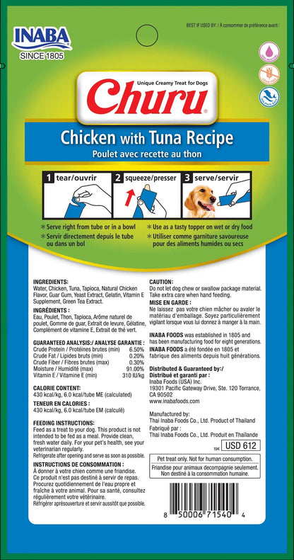 Inaba Dog Churu Chicken with Tuna Recipe | Wet Creamy Lickable Dog Treat |24 Tubes (Pack of 6, 56 GMS per Pack) INABA