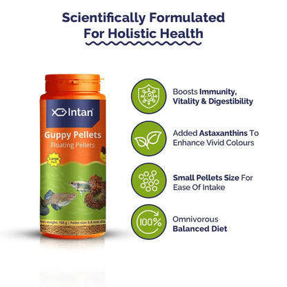 Intan Guppy Pellets (0.8mm Floating) | 155gm - Highly Nutritious Ornamental Fish Food for Guppies & Small Surface Eating Fish | Growel Feeds Intan