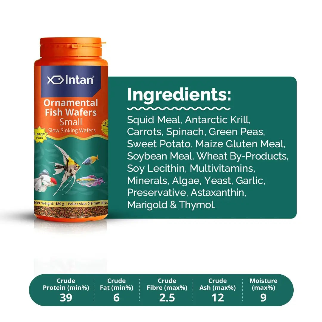 Intan Ornamental Fish Wafers (0.9mm Small Slow Sinking) | 180gm - Highly Nutritious Ornamental Fish Food for Angels, Gouramis, Goldfish, Barbs & Rainbows | Growel Feeds Intan