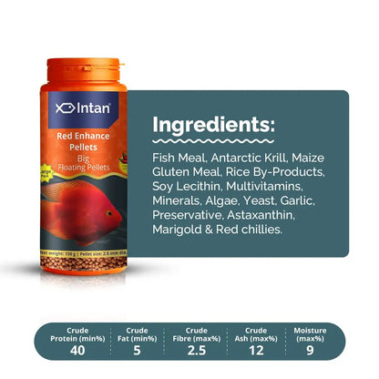 Intan Red Enhance Pellets (Big 2.5mm Floating) | 150gm - Highly Nutritious Ornamental Fish Food for Parrotfish & Red Coloured Fish | Growel Feeds Intan