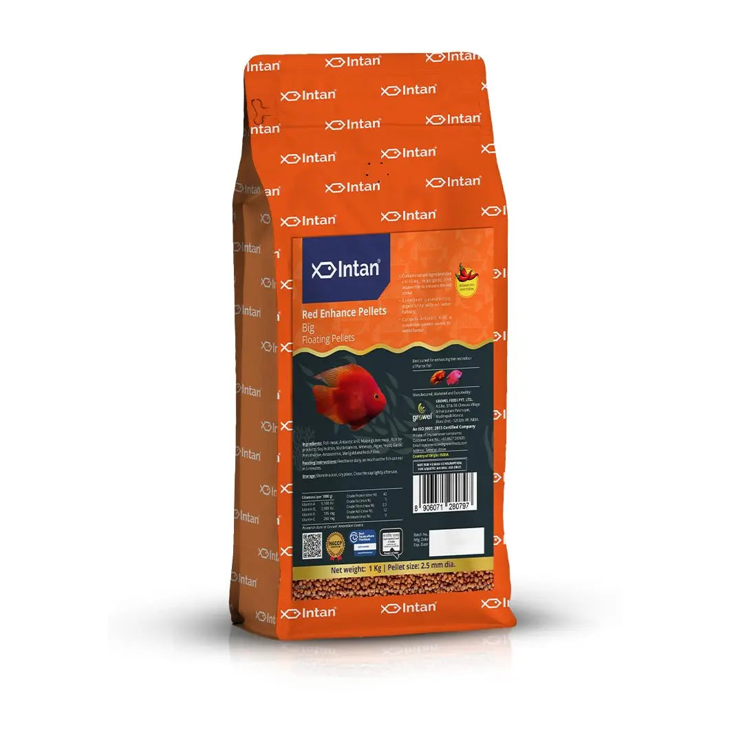 Intan Red Enhance Pellets (Big 2.5mm Floating) | 1Kg - Highly Nutritious Ornamental Fish Food for Parrotfish & Red Coloured Fish | Growel Feeds Intan
