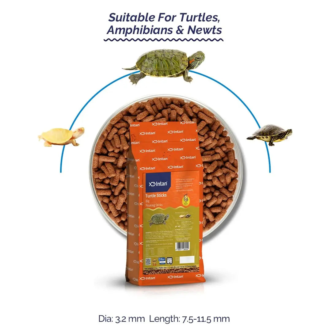 Intan Turtle Sticks (Big 3.2mm x 7.5-11.5mm Floating) | 1Kg - Highly Nutritious Ornamental Fish Food for Turtles, Amphibians & Newts | Growel Feeds Intan