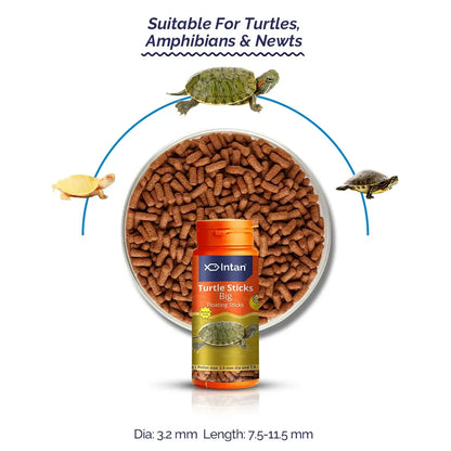 Intan Turtle Sticks (Big 3.2mm x 7.5-11.5mm Floating) | 45gm - Highly Nutritious Ornamental Fish Food for Turtles, Amphibians & Newts | Growel Feeds Intan