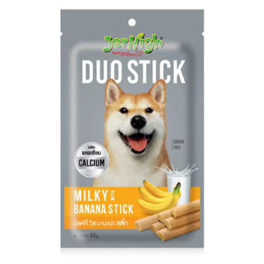 JerHigh Duo Stick Dog Treat - Milk with Banana - 50 g Each - Pack of 2 Heads Up For Tails