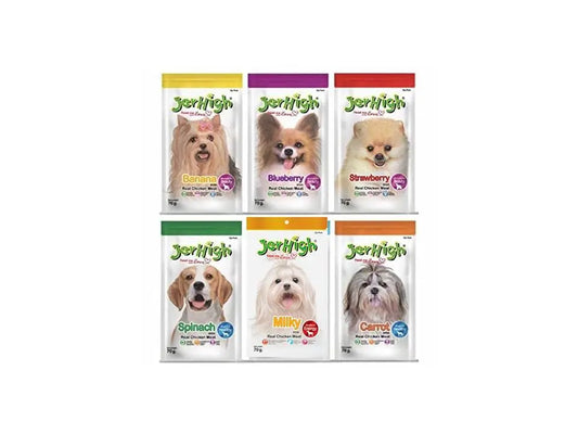 JerHigh Real Chicken Food Treat Spinach, Blueberry, Carrot, Strawberry, Milk, Banana Flavor 6 Pack Combo Set 70g for Dogs by DogsNCats JerHigh