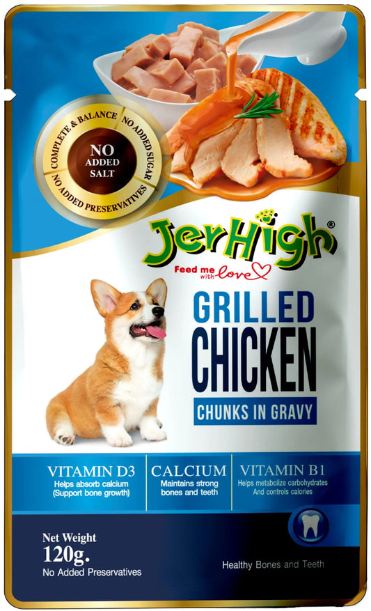 Jerhigh Wet Dog Food for All Life Stages, Human Grade High Protein Chicken, Gravy Grilled Chicken (Pack of 12) JerHigh