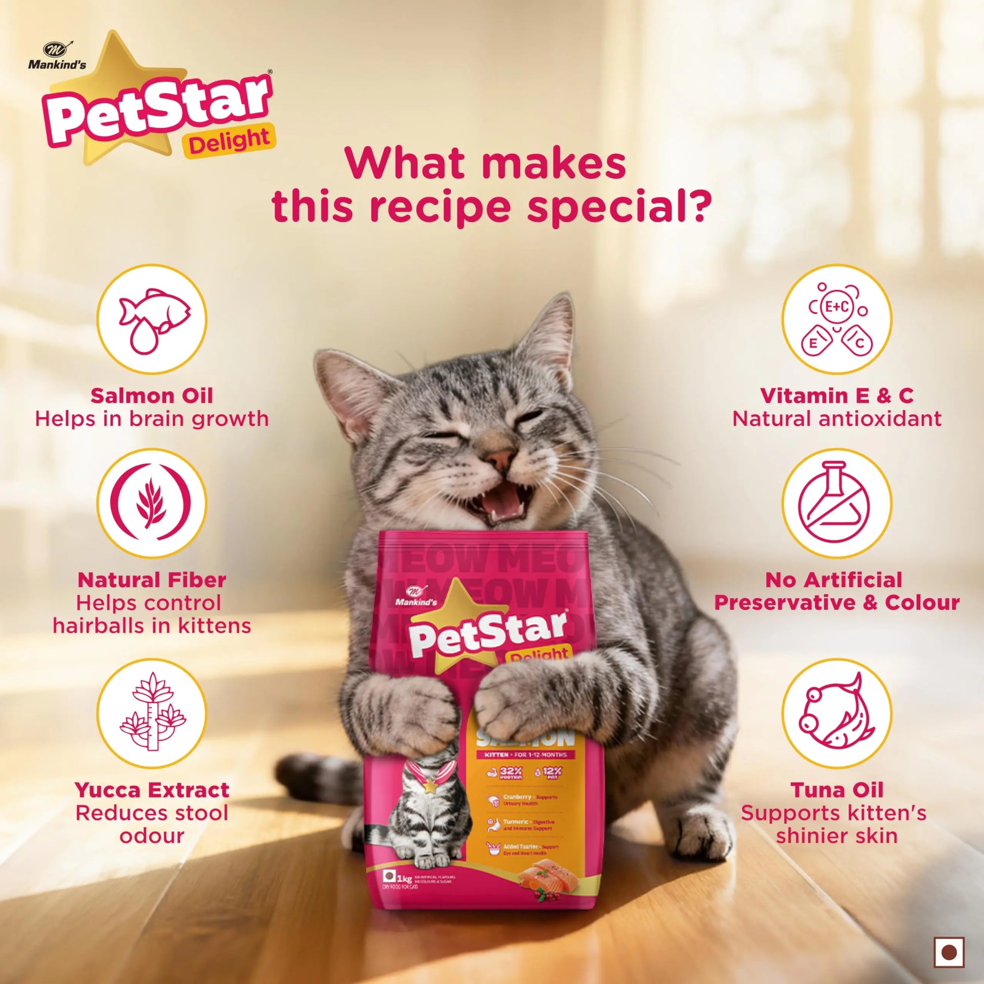 Mankind PetStar Kitten Cat Food – Salmon Flavour (1 Kg) | Complete & Balanced Nutrition for Healthy Growth, Urinary, Immune & Digestive Support PETSTAR