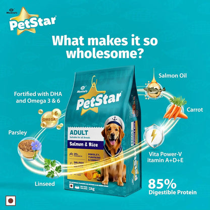 Mankind Petstar Adult Dry Dog Food (High Protein) Salmon & Rice Flavor, 10 kg Pack | Improves Muscle & Strength, Supports Immunity, Protects Liver & Kidney PETSTAR