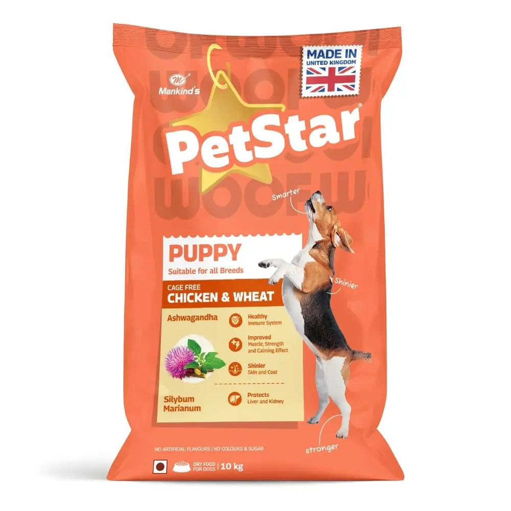 Mankind Petstar Puppy Dry Dog Food (High Protein) Chicken & Wheat Flavor, 10kg | Improves Muscle & Strength, Supports Immunity, Protects Liver & Kidney PETSTAR