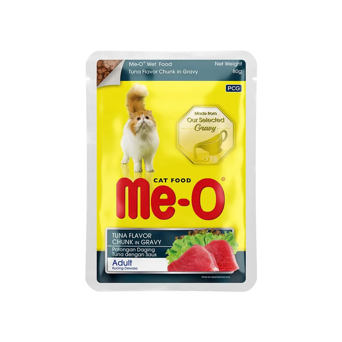 Me-O Pouch CAT Wet Food, Tuna Flavour Chunk in Gravy 80 G, Pack of 12 (80 G X 12, 960 G),Adult Me-O