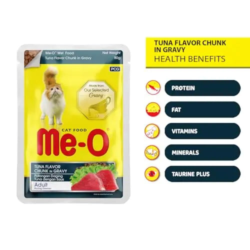 Me-O Pouch CAT Wet Food, Tuna Flavour Chunk in Gravy 80 G, Pack of 12 (80 G X 12, 960 G),Adult Me-O