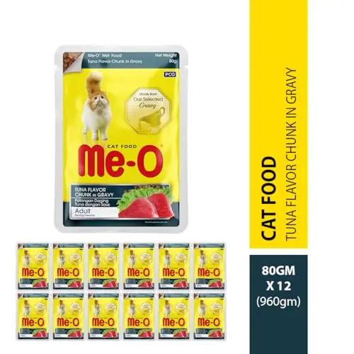 Me-O Pouch CAT Wet Food, Tuna Flavour Chunk in Gravy 80 G, Pack of 12 (80 G X 12, 960 G),Adult Me-O