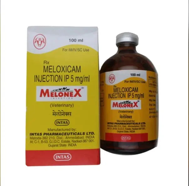 Meloxicam injection packaging and bottle displayed on a website.
