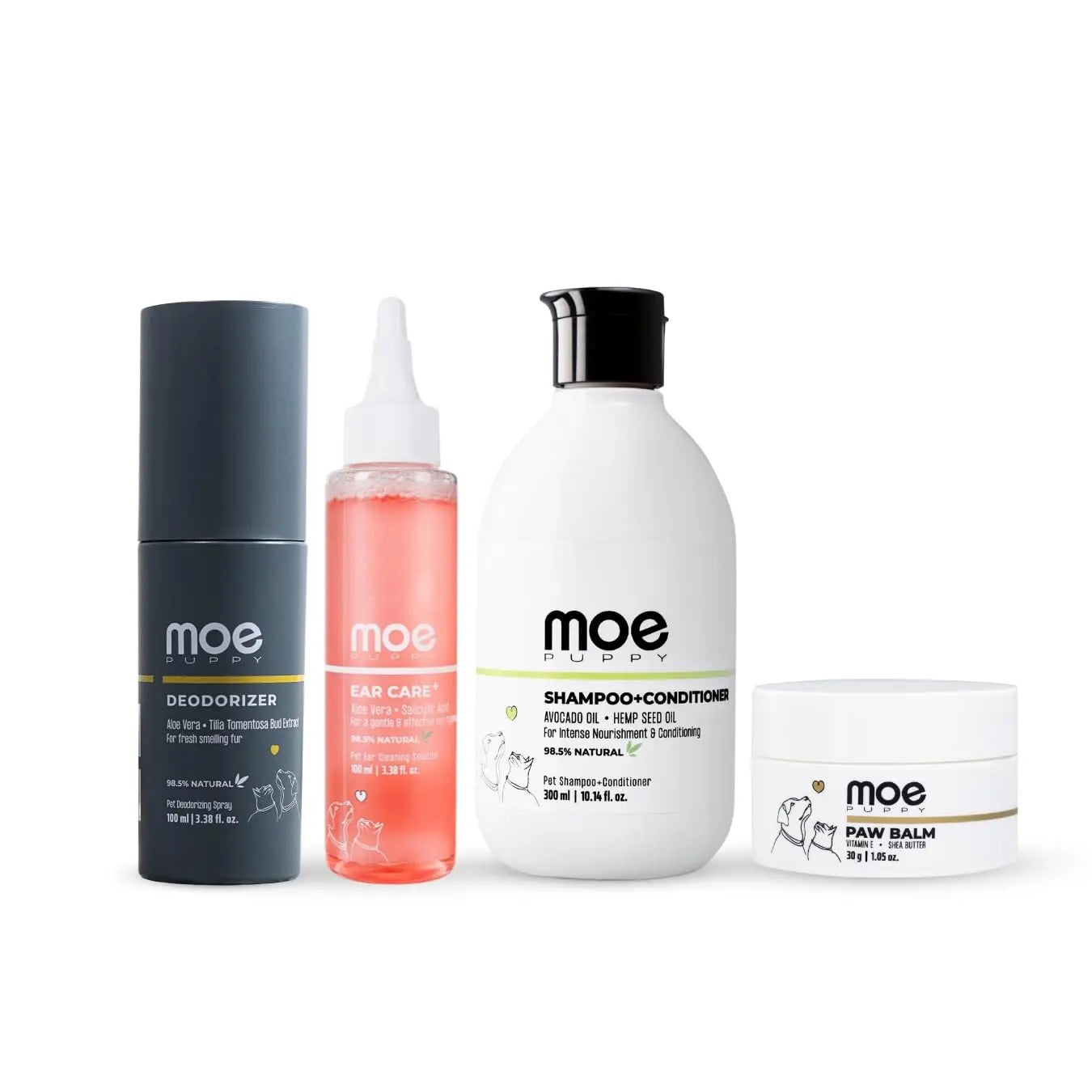 Moe Fur Essential Kit | Paw Cream for Dogs 30gm, Deoderizer Spray 100ml, Shampoo+Conditioner 300ml, Dog Ear Cleaner Solution 100ml | 4 in 1 Grooming Kit Combo for Dogs and Cat Moe Puppy
