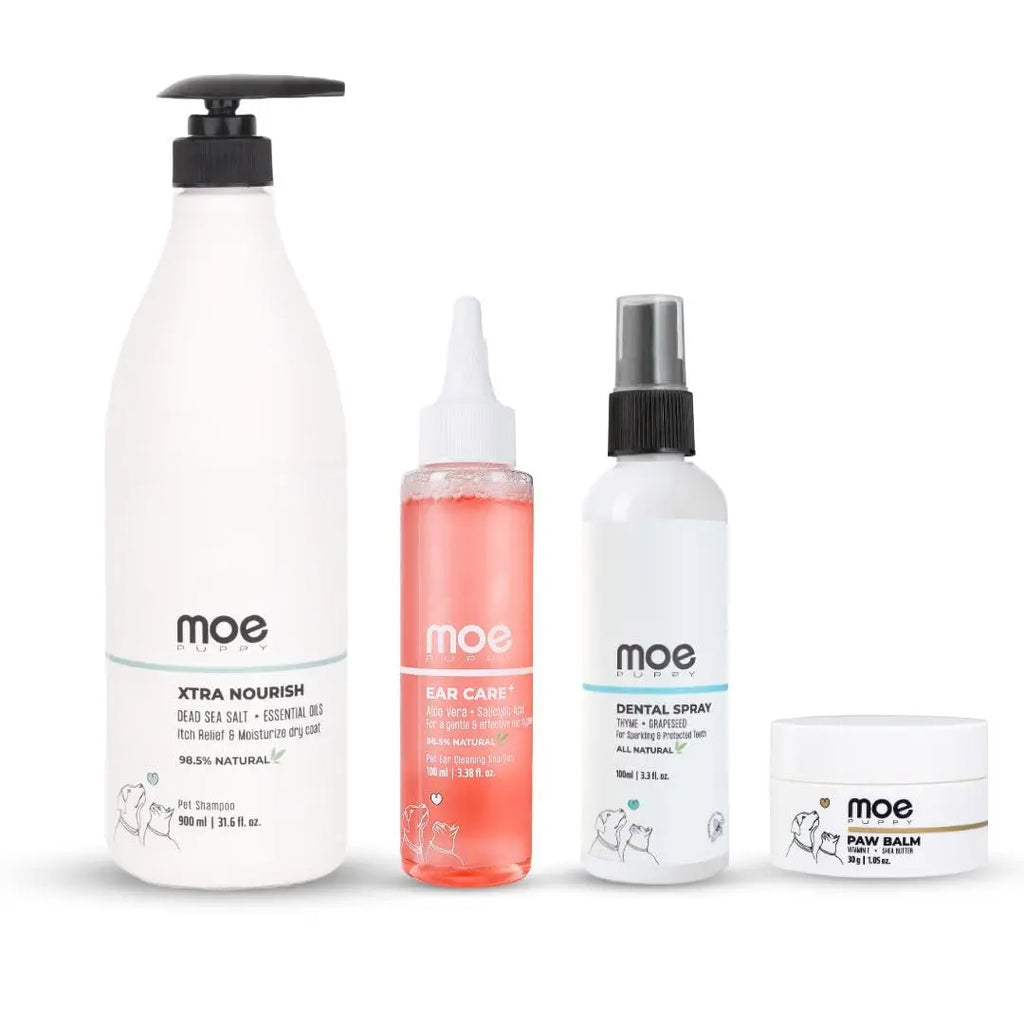 Moe Puppy 6-Month Pet Grooming Kit Combo – Xtra Nourish Dog & Cat Shampoo (900ml), Dental Spray (100ml), Ear Cleaner (100ml), Paw Balm (30g) – All-in-One Grooming Essentials for Dogs & Cats Moe Puppy