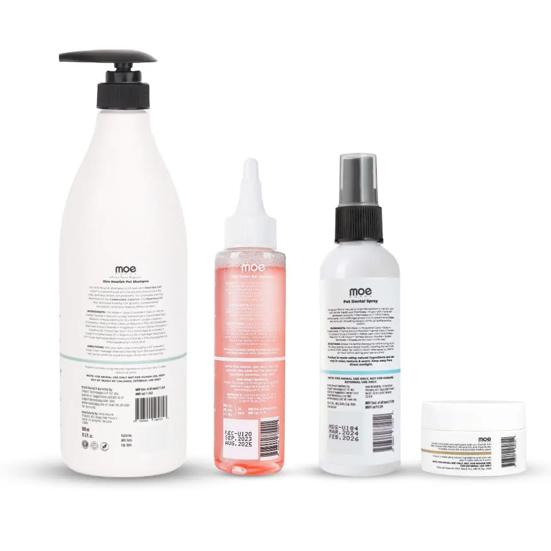 Moe Puppy 6-Month Pet Grooming Kit Combo – Xtra Nourish Dog & Cat Shampoo (900ml), Dental Spray (100ml), Ear Cleaner (100ml), Paw Balm (30g) – All-in-One Grooming Essentials for Dogs & Cats Moe Puppy