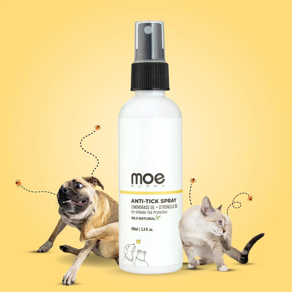 Moe Puppy Anti Tick Spray (100 ml) for Pets, Natural, Long-Lasting Protection, with Lemongrass, Citronella, Eucalyptus, Rosemary Oils, Aloe Vera Extract | for Dogs and Cats | Tick Repellant Moe Puppy