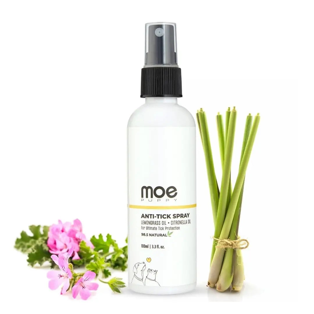 Moe Puppy Anti Tick Spray (100 ml) for Pets, Natural, Long-Lasting Protection, with Lemongrass, Citronella, Eucalyptus, Rosemary Oils, Aloe Vera Extract | for Dogs and Cats | Tick Repellant Moe Puppy