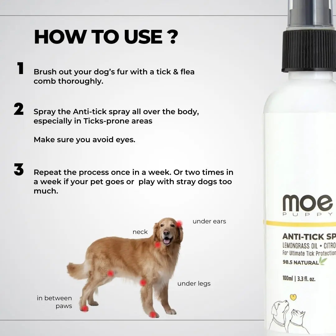 Moe Puppy Anti Tick Spray (100 ml) for Pets, Natural, Long-Lasting Protection, with Lemongrass, Citronella, Eucalyptus, Rosemary Oils, Aloe Vera Extract | for Dogs and Cats | Tick Repellant Moe Puppy