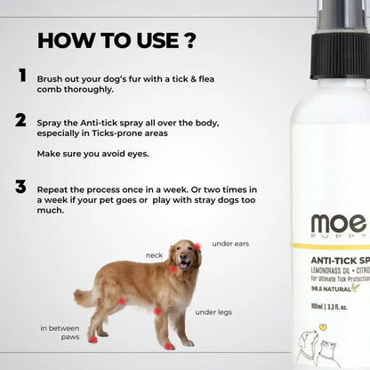 Moe Puppy Anti Tick Spray (100 ml) for Pets, Natural, Long-Lasting Protection, with Lemongrass, Citronella, Eucalyptus, Rosemary Oils, Aloe Vera Extract | for Dogs and Cats | Tick Repellant Moe Puppy