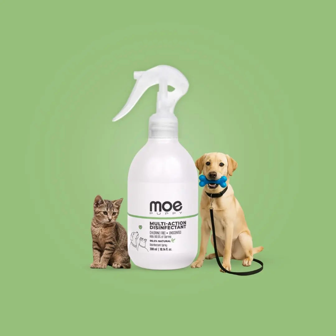 Moe Puppy Pet Safe Disinfectant & Odor Eliminator Spray | Kills 99.9% Germs | Non-Toxic Surface Cleaner for Hard & Soft Surfaces | Ideal for Litter Area, Pet bed, Toys, Leash, Collar, (300ml) Moe Puppy