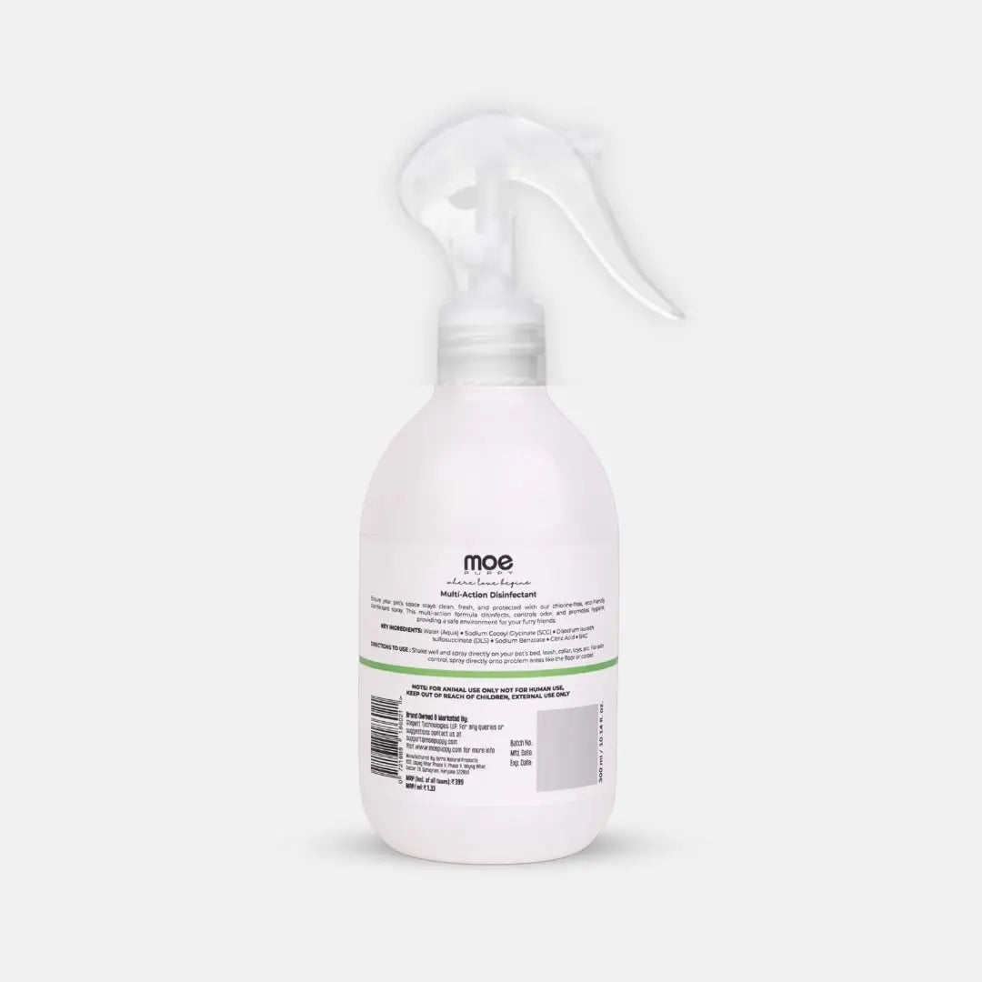Moe Puppy Pet Safe Disinfectant & Odor Eliminator Spray | Kills 99.9% Germs | Non-Toxic Surface Cleaner for Hard & Soft Surfaces | Ideal for Litter Area, Pet bed, Toys, Leash, Collar, (300ml) Moe Puppy