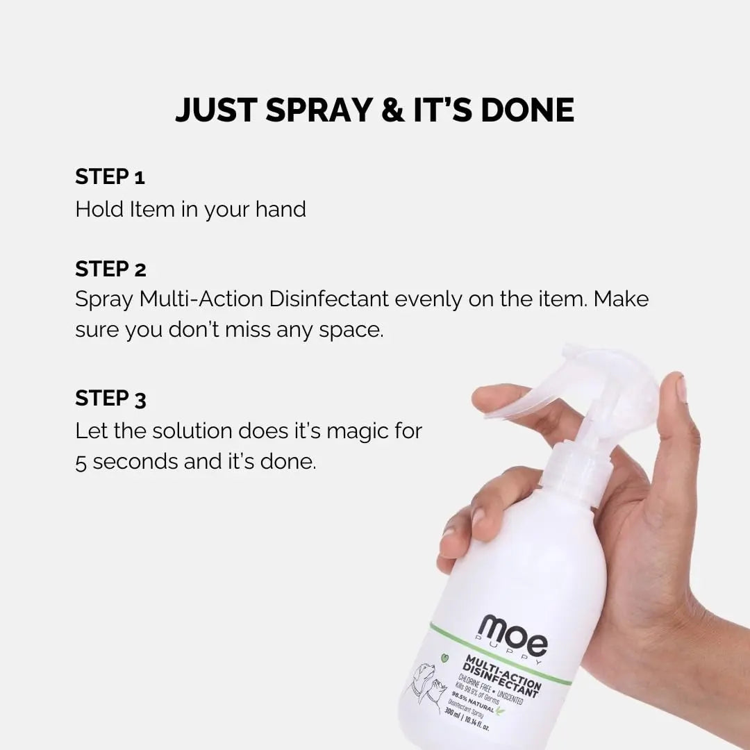 Moe Puppy Pet Safe Disinfectant & Odor Eliminator Spray | Kills 99.9% Germs | Non-Toxic Surface Cleaner for Hard & Soft Surfaces | Ideal for Litter Area, Pet bed, Toys, Leash, Collar, (300ml) Moe Puppy