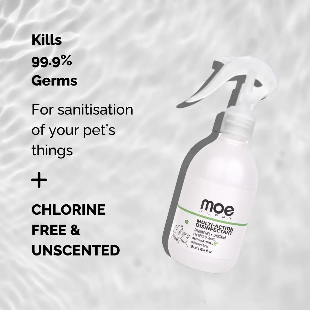 Moe Puppy Pet Safe Disinfectant & Odor Eliminator Spray | Kills 99.9% Germs | Non-Toxic Surface Cleaner for Hard & Soft Surfaces | Ideal for Litter Area, Pet bed, Toys, Leash, Collar, (300ml) Moe Puppy