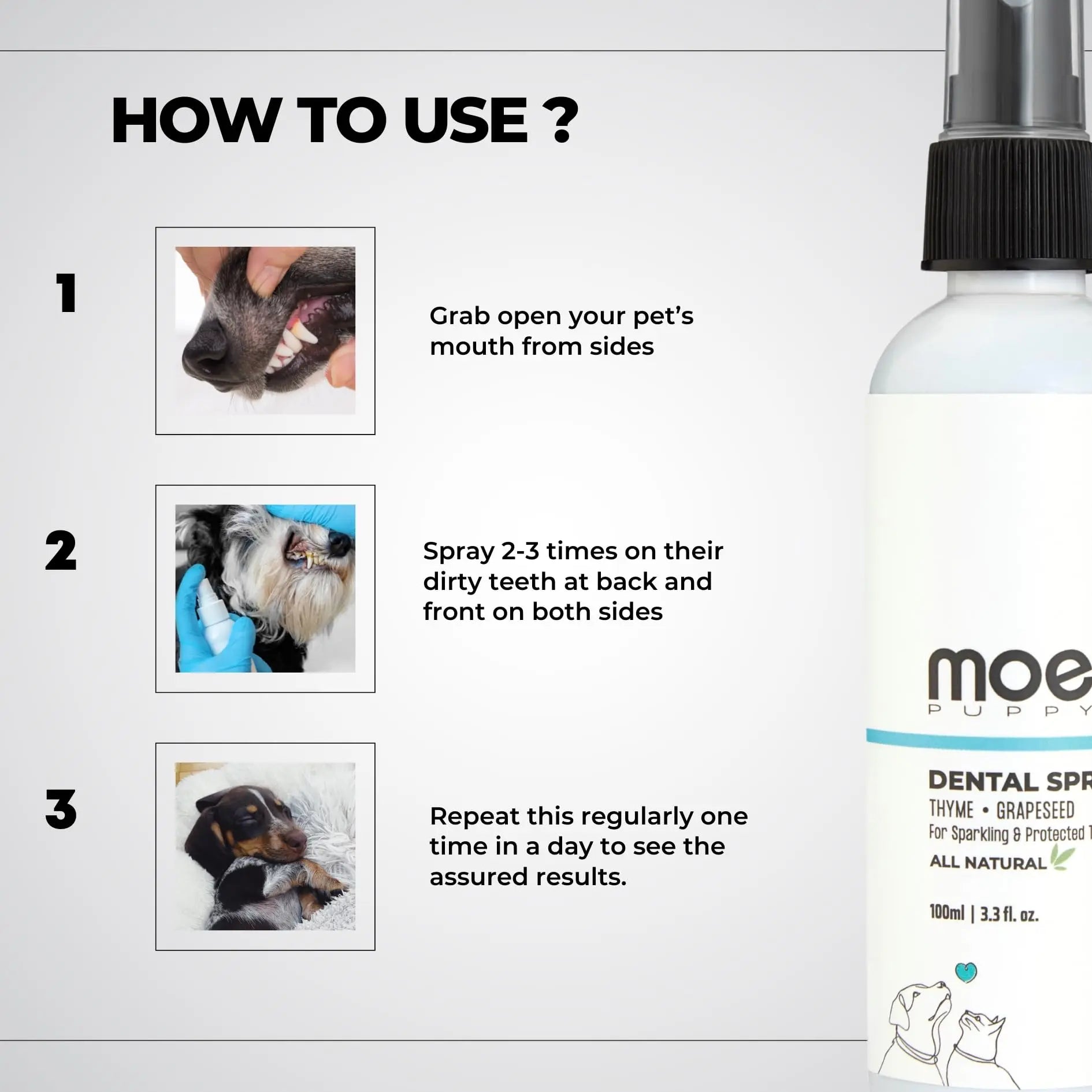 Moe Puppy Vet Recommended Dental Spray for Dogs & Cats | Bad Breath Control, Plaque & Tartar Removal & Gum Health | Peppermint Freshness | Long-Lasting Oral Care, Safe Daily Use (100 ml) Moe Puppy