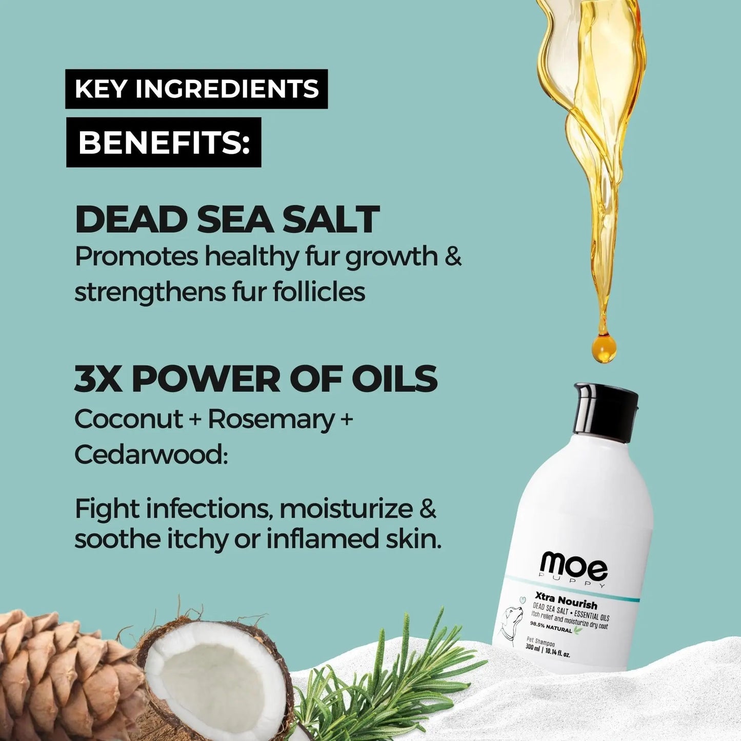 Moe Puppy Xtra Nourish Medicated Dog & Cat | Anti-Itch Skin Relief | Herbal Dog Shampoo | Antifungal & Antibacterial | Gentle Formula of Dead Sea Salt & 3 Essential Oil & Nourishing Formula (300ml) Moe Puppy