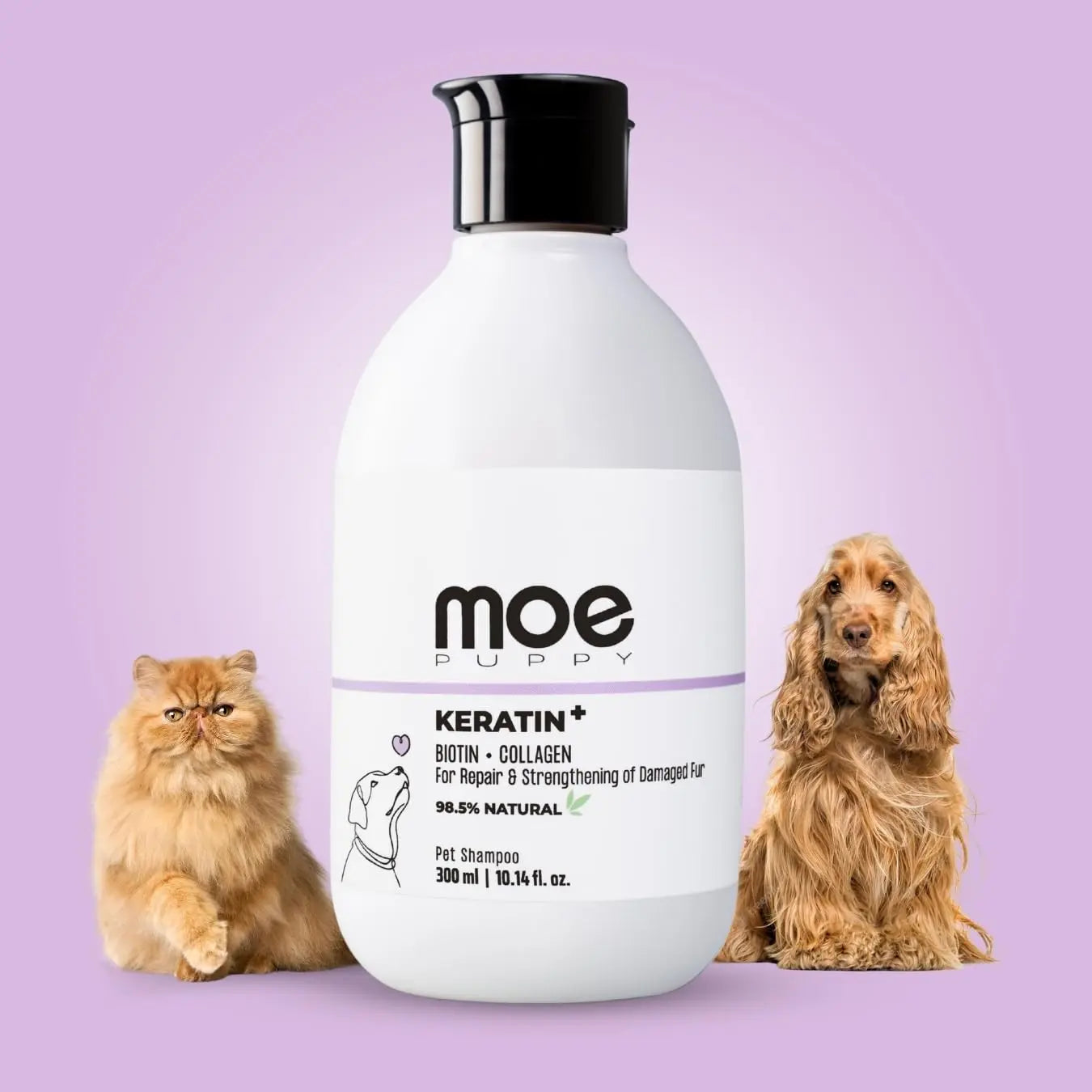 Moe Puppy's Keratin+ Protein Shampoo for Dogs & Cats, Shed Control, Repair & Strengthen Damaged Fur, Long Lasting Scent, Moisturizing, Natural Formula for Soft, Shiny Coat (300ml) Moe Puppy