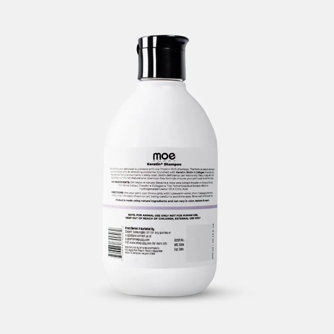 Moe Puppy's Keratin+ Protein Shampoo for Dogs & Cats, Shed Control, Repair & Strengthen Damaged Fur, Long Lasting Scent, Moisturizing, Natural Formula for Soft, Shiny Coat (300ml) Moe Puppy