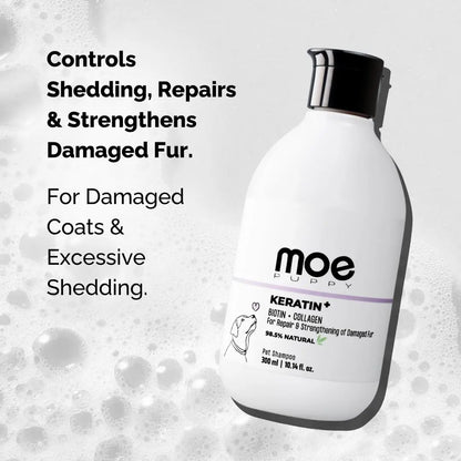 Moe Puppy's Keratin+ Protein Shampoo for Dogs & Cats, Shed Control, Repair & Strengthen Damaged Fur, Long Lasting Scent, Moisturizing, Natural Formula for Soft, Shiny Coat (300ml) Moe Puppy