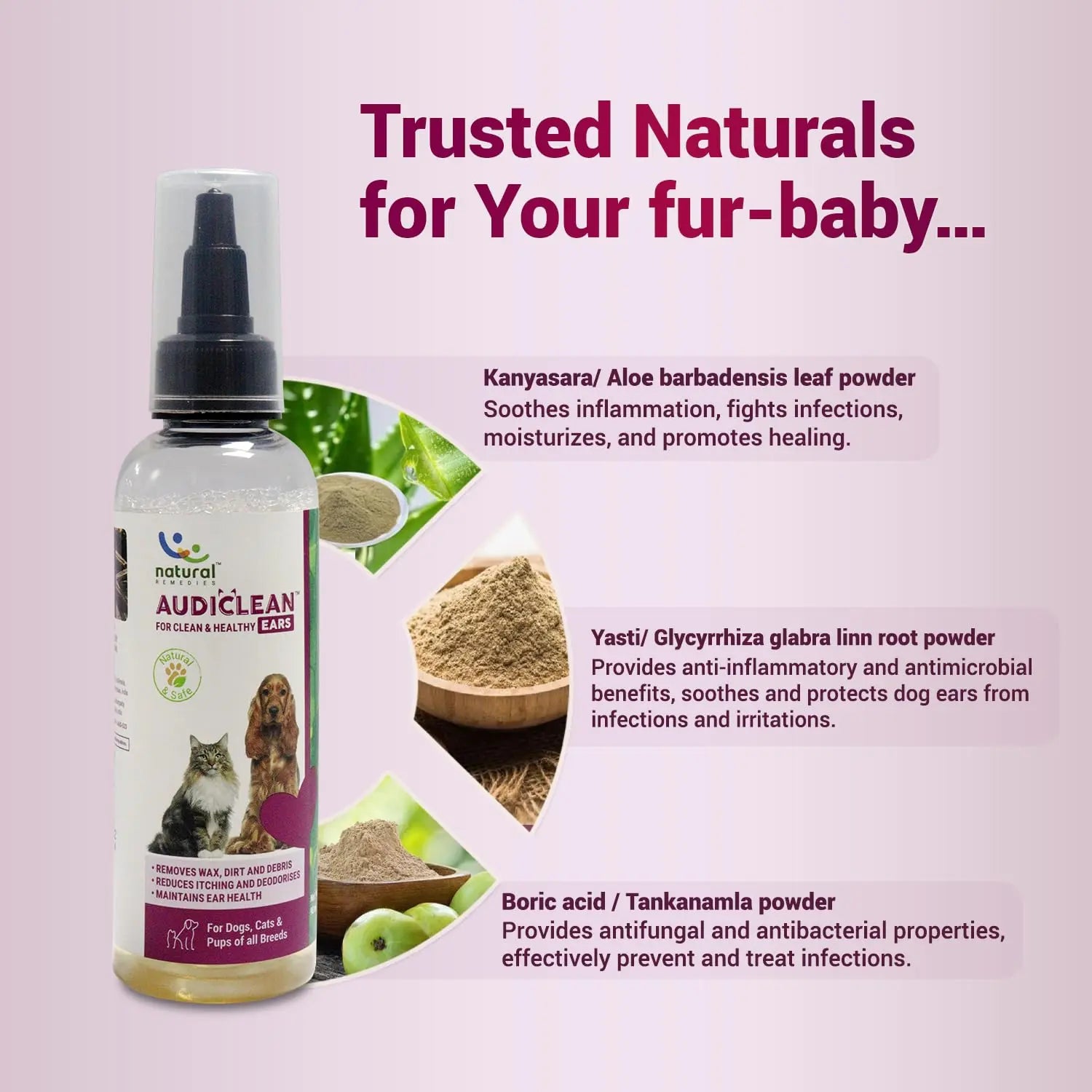 Natural Remedies Audiclean Ear Cleaner for Dogs, Cats & Pups, Removes Ear Wax, Dirt, Debris, Reduces Itching and Deodorises, Gentle Ear Care, Pet Grooming, Safe for All Breeds, Sensitive Skin, 90 ml Natural Remedies