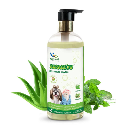 Natural Remedies Aura Glow Moisturizing Shampoo for Dogs, Cats & Pups of All Breeds, Softness and Bounce, Aloe Vera & Peppermint Infused, Long-Lasting Hydration, Moisturizing & Conditioning - 350 ml Natural Remedies