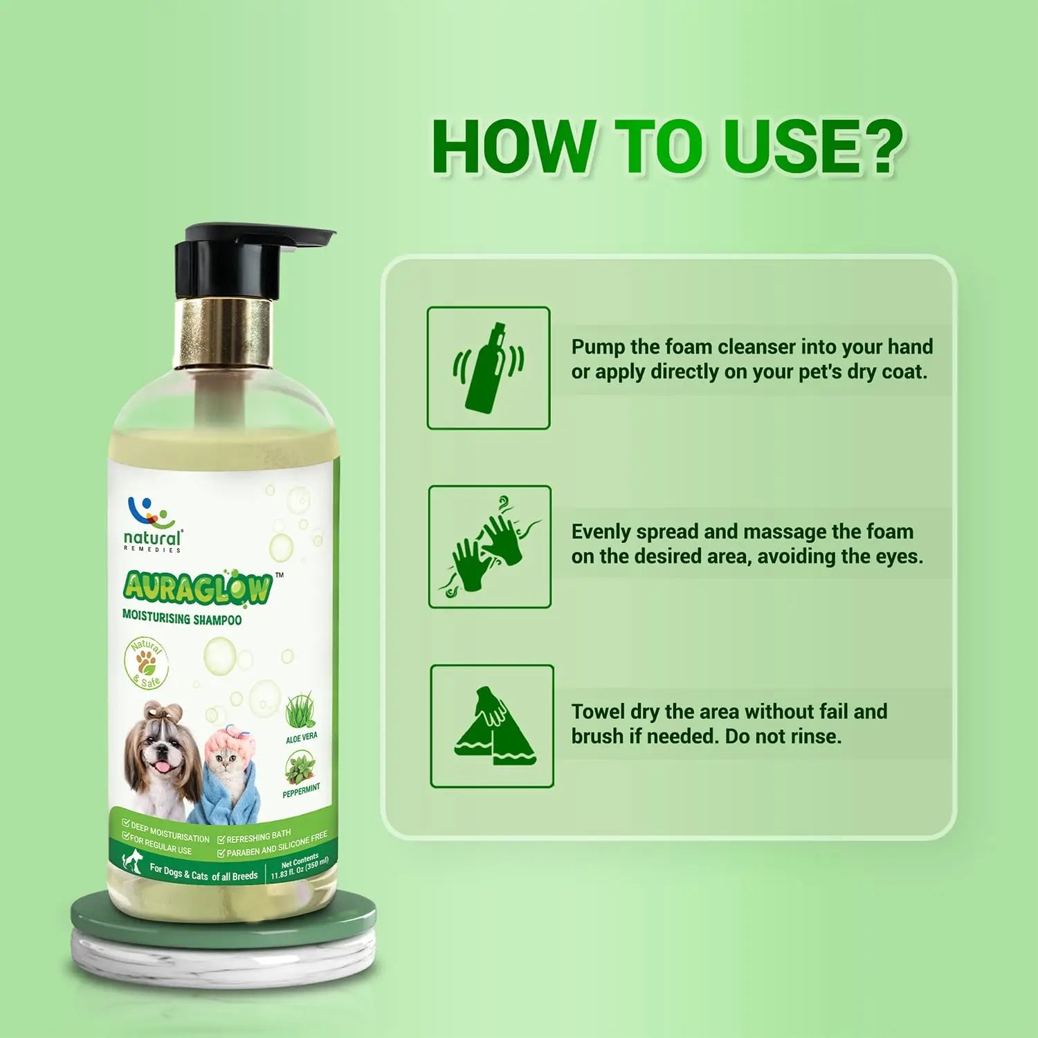 Natural Remedies Aura Glow Moisturizing Shampoo for Dogs, Cats & Pups of All Breeds, Softness and Bounce, Aloe Vera & Peppermint Infused, Long-Lasting Hydration, Moisturizing & Conditioning - 350 ml Natural Remedies