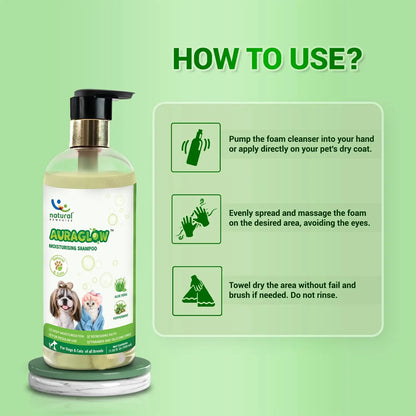 Natural Remedies Aura Glow Moisturizing Shampoo for Dogs, Cats & Pups of All Breeds, Softness and Bounce, Aloe Vera & Peppermint Infused, Long-Lasting Hydration, Moisturizing & Conditioning - 350 ml Natural Remedies