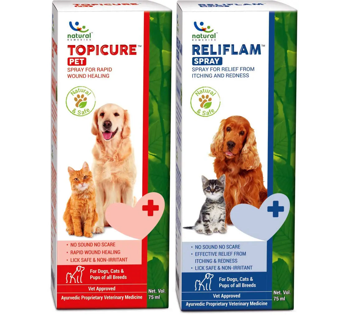 Natural Remedies Combo Topicure & Reliflam Spray for Pets, Wound Healing, Itch Relief, Lick Safe, All-Natural Ingredients, Pet Friendly, Allergy Relief for Dogs, Cats, & Pups, 75ml Each (Pack of 2) Natural Remedies