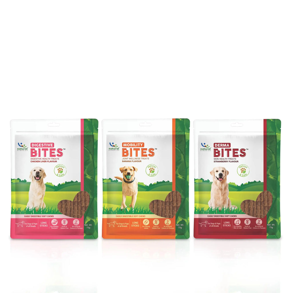 Natural Remedies Digestive, Mobility & Derma Bites Combo Pack - Chicken Liver, Banana & Strawberry Flavours, Grain-Free, Soft & Easily Digestible Soft Chews Long Sticks for Dogs of All Breeds (3x75g) Natural Remedies