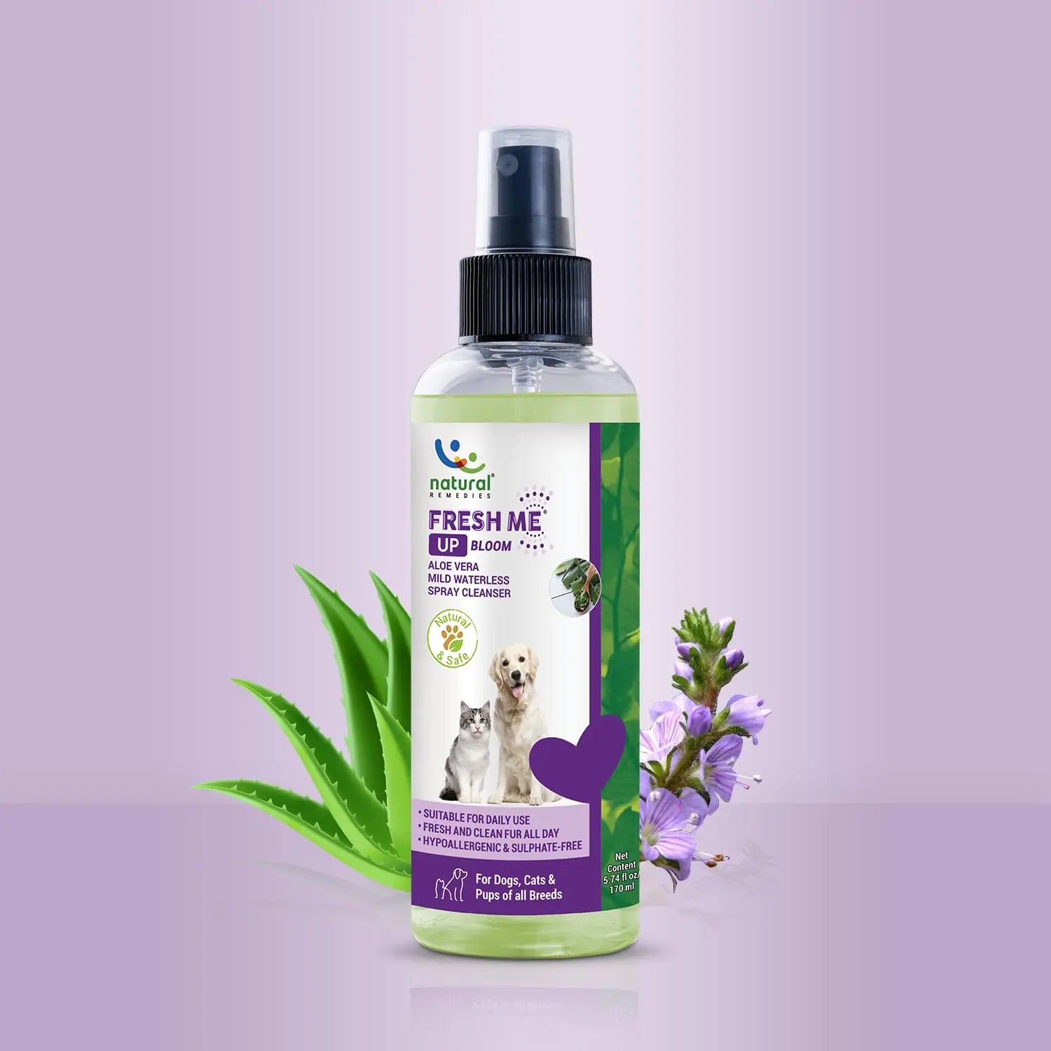 Natural Remedies Fresh Me Up Bloom Aloevera Mild Waterless Spray Cleanser for Dogs, Cats & Puppies of All Breeds, Deep Cleans, Deodorizes & Hydrates, Lick Safe, Daily Use, Natural & Safe, 170ml Natural Remedies