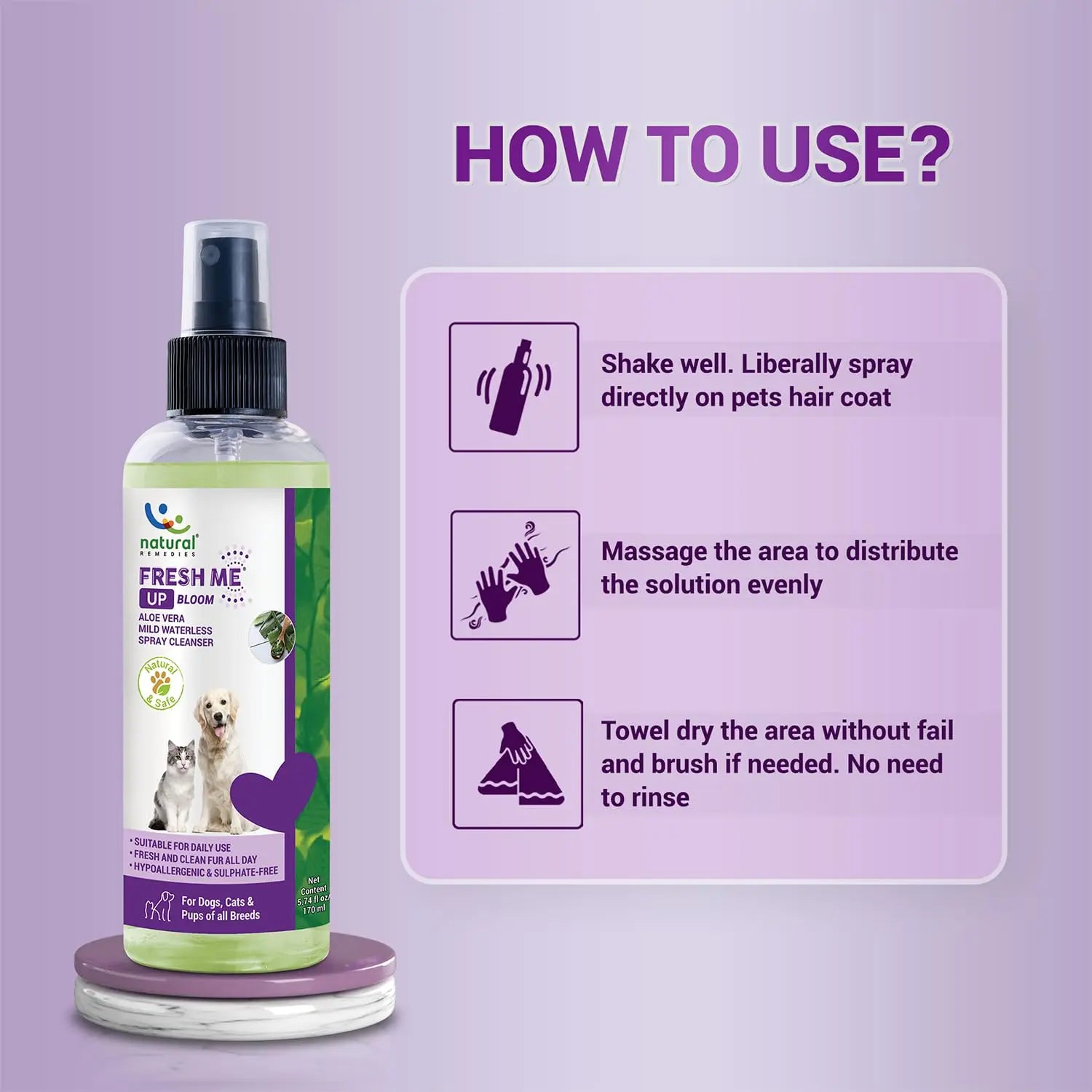 Natural Remedies Fresh Me Up Bloom Aloevera Mild Waterless Spray Cleanser for Dogs, Cats & Puppies of All Breeds, Deep Cleans, Deodorizes & Hydrates, Lick Safe, Daily Use, Natural & Safe, 170ml Natural Remedies