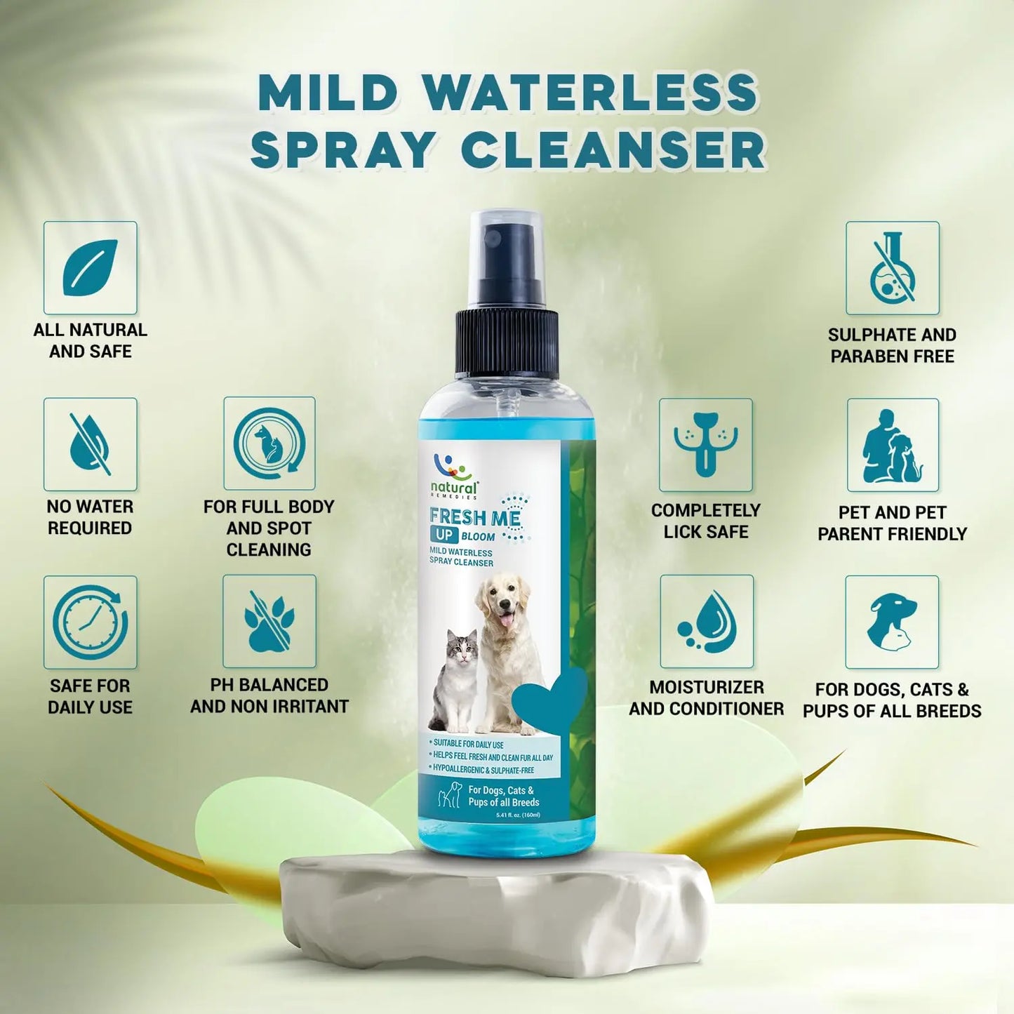 Natural Remedies Fresh Me Up Bloom Mild Waterless Spray Cleanser for Dogs & Cats of All Breeds, Odor Control, Deep Cleans, Hydrates, Pet Grooming Shampoo, Lick Safe, Hypoallergenic, 160ml (Pack of 1) Natural Remedies