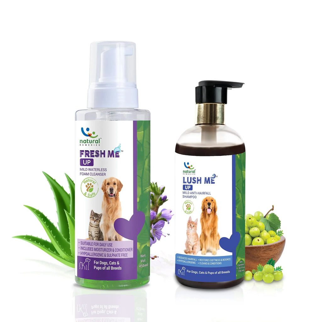 Natural Remedies Fresh Me Up Waterless Foam Cleanser (450ml) & Lush Me Up Anti-Hairfall Shampoo (350ml), Pet Grooming, Odor Control, Hypoallergenic, Safe for Dogs, Cats of All Breeds (Combo Pack of 2) Natural Remedies