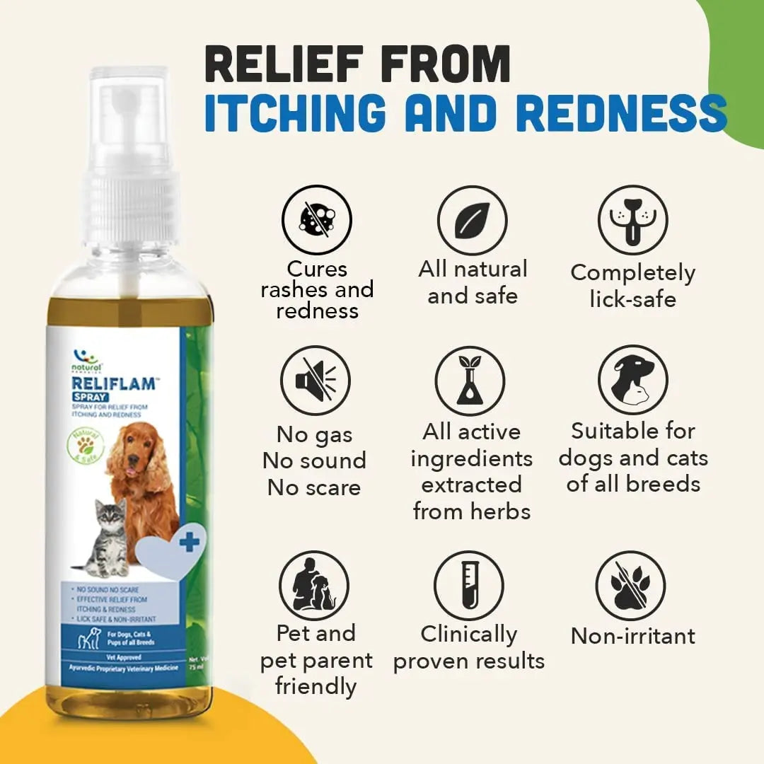 Natural Remedies Reliflam Itch & Redness Relief Spray for Dogs, Cats, Lick Safe, Reduces Hair Fall, Moisturizes Dry Skin, All-Natural Ingredients, Pet Friendly, Allergy Relief, Skin Soothing, 75ml Natural Remedies