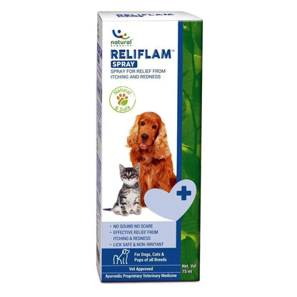 Natural Remedies Reliflam Itch & Redness Relief Spray for Dogs, Cats, Lick Safe, Reduces Hair Fall, Moisturizes Dry Skin, All-Natural Ingredients, Pet Friendly, Allergy Relief, Skin Soothing, 75ml Natural Remedies