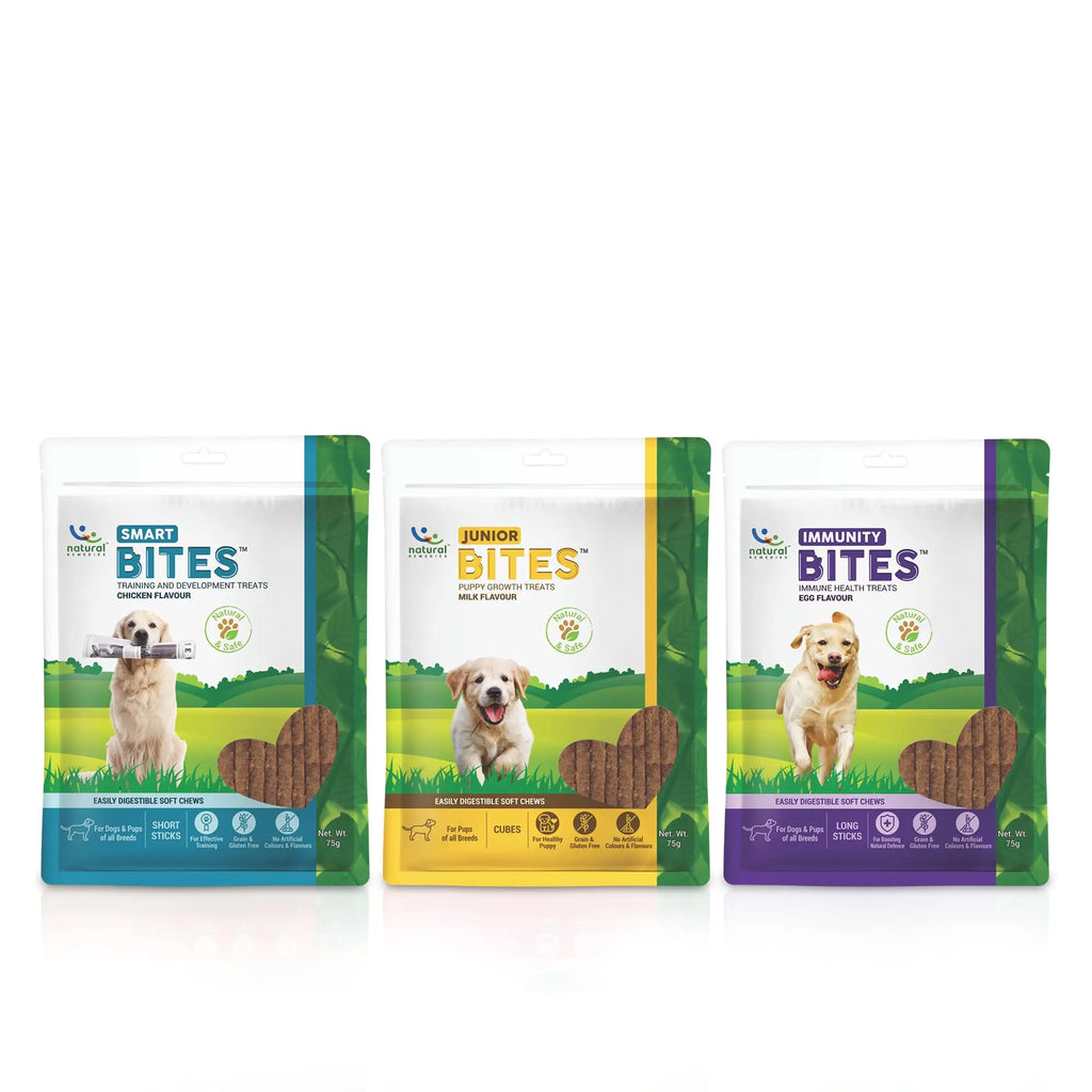 Natural Remedies Smart Bites Training and Development Treats, Junior Bites, Puppy Growth Treats, Immunity Bites, Natural & Safe for Dogs, Cats and Pups of All Breeds (Combo Pack of 3, 75 gm Each) Natural Remedies